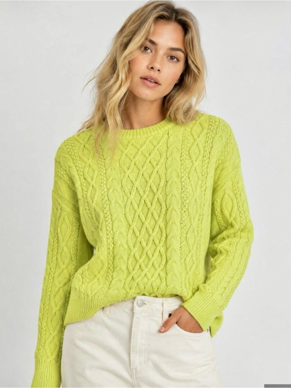 J Crew Aran Fisherman Cotton Cable Knit Pullover Chartreuse Small